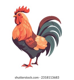 Rooster standing on farm, crowing at dawn icon isolated