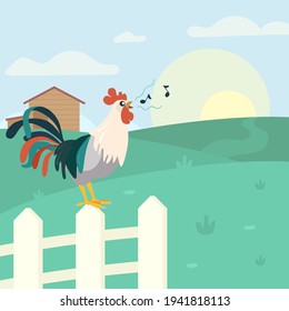 Rooster standing on fence and crowing. Morning, sun, village flat vector illustration. Farm animals and birds concept for banner, website design or landing web page