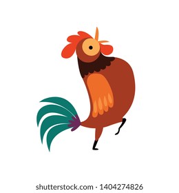 Rooster Standing on One Leg, Farm Cock with Bright Plumage, Poultry Farming Vector Illustration