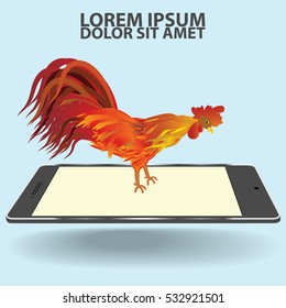 Rooster is standing on smart phones reflect. The visit of technology of Rooster year In the form of vector