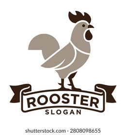 A rooster stands proudly on a banner with a text slogan, showcasing brown and beige colors in a simple design