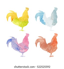 Rooster in the style of watercolor on a white background. The image of a rooster with no outline, silhouette. Set of vector illustrations