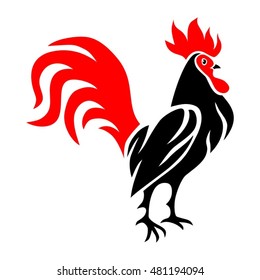 Rooster stylized design. Black vector rooster with red tail isolated on white background. Graphic rooster illustration.