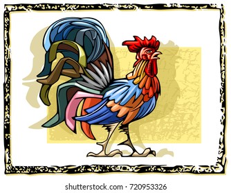 Rooster stylized in the original linear decorative style
