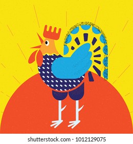 Rooster and sun, vector illustration in colorful flat style. Bird cock abstract image. Vector logo template. Design element