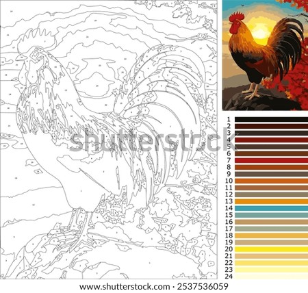 Rooster and sunrise coloring page by number for adult, 