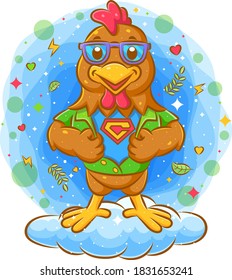 Rooster superhero showing super hero suit under his shirt of illustration