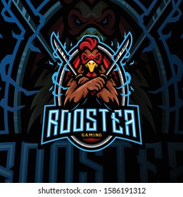 rooster sword mascot logo esport gaming. chicken assasin mascot logo illustration.