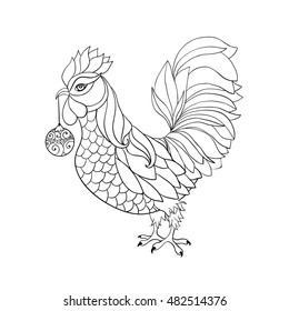Rooster, symbol of 2017 for Chinese calendar. Thin line art cock, doodle style stroke. Vector element for New Year's or Merry Christmas design or antistress coloring book. Vector isolated illustration