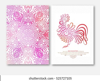 Rooster, symbol 2017 in Chinese calendar. Silhouette of red cock. Happy New Year design with wishes. Vector illustration of 2017 year, Red Rooster. Holiday backgrounds set.