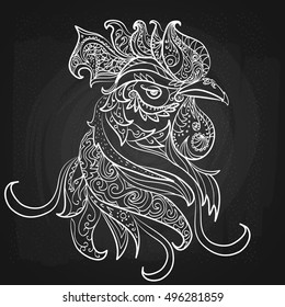 Rooster symbol 2017 isolated on blackboard background. Year of Cock of Oriental zodiac. Hand drawn doodle cartoon element for banner, booklet, website. New Year with Chinese sign. Vector illustration.