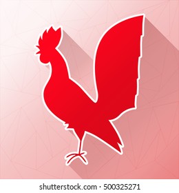 Rooster symbol of 2017 on the Chinese calendar. Long shadow from the red object. Vector illustration. Abstract geometric background.