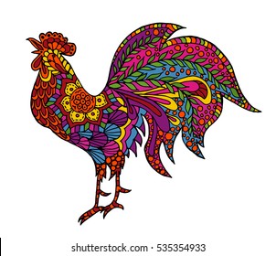 Rooster, symbol of 2017 on the Chinese calendar. Silhouette of cock, decorated with floral patterns. Image of 2017 year of Rooster.