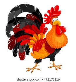 Rooster, symbol 2017 year by eastern calendar. Cartoon cheerful rooster. Isolated. Vector Illustration without gradients.