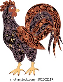 The rooster a symbol, chicken color, a pet, an animal with a pattern, a long tail, is beautifully decorated, the decorated, is a lot of decor elements, the vector illustration of a bird, 
