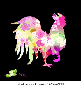 Rooster the symbol of the Chinese New Year 2017. Silhouette of a cock with floral ornaments of spring flowers. The month of May.