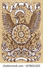 Rooster symbol with clock, sun, baroque decorations and vignette ribbons on old texture background. Fantasy engraved illustration. Zodiac animals of eastern calendar, mysterious concept