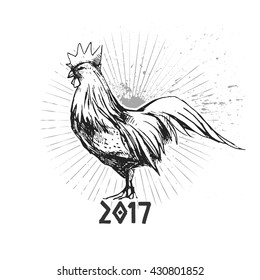 Rooster - a symbol of the new year 2017. Image cock. Rooster drawn in ink. Black and white sketch of a cock.
