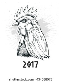 Rooster - a symbol of the new year 2017. Image cock. Rooster drawn in ink. Black and white sketch of a cock.