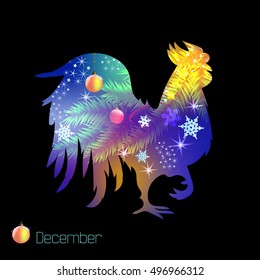 Rooster the symbol of the New Year 2017. Calendar with cock on every month. Illustration Rooster for December witn christmas tree branch and Christmas decorations.