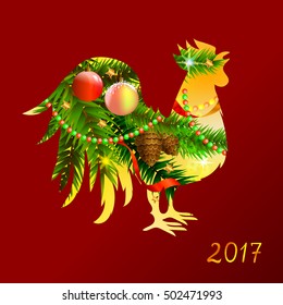 Rooster the symbol of the New Year 2017. Chinese Calendar with cock. Illustration with christmas tree branch and Christmas decorations.