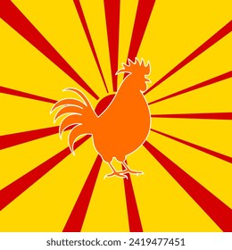 Rooster symbol on a background of red flash explosion radial lines. The large orange symbol is located in the center of the sun, symbolizing the sunrise. Vector illustration on yellow background