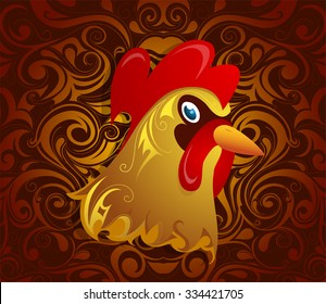 Rooster as symbol for year 2017 by Chinese traditional horoscope with orient ornament on backdrop