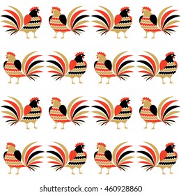Rooster symbols festive ornament. Vector black, red, golden seamless greeting pattern.