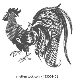 Rooster tattoo. Decorative bird in doodling style. Hand drawing ink. It can be used for tattoos and printing on t-shirts. Vector illustration.