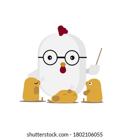 The rooster teaching the lazy chicks.
