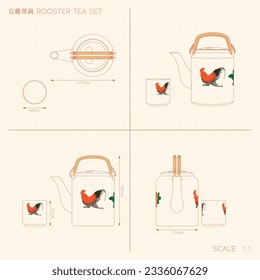 Dibujo técnico de la Tetera de gallo y la Copa. Traducción: (Título) Conjunto de té de gallo