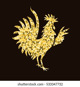  Rooster from texture Gold glitter. Chicken from the dark background. Symbol of chinese new year. Vector