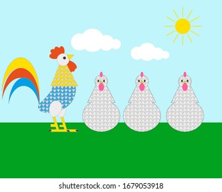 Rooster y tres pollos a pie.
