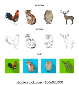 Rooster, tiger, deer, owl and other animals.Animals set collection icons in cartoon,outline,flat style vector symbol stock illustration web.