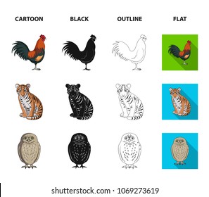 Rooster, tiger, deer, owl and other animals.Animals set collection icons in cartoon,black,outline,flat style vector symbol stock illustration web.