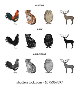 Rooster, tiger, deer, owl and other animals.Animals set collection icons in cartoon,black,monochrome style vector symbol stock illustration web.