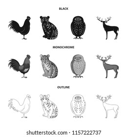 Rooster, tiger, deer, owl and other animals.Animals set collection icons in black,monochrome,outline style vector symbol stock illustration web.