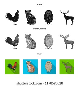 Rooster, tiger, deer, owl and other animals.Animals set collection icons in black, flat, monochrome style vector symbol stock illustration web.