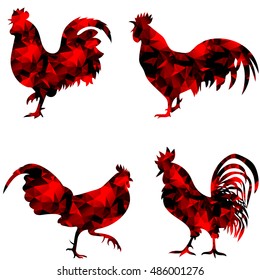 Rooster, triangular geometric polygonal roosters, isolated illustration of cock on white background