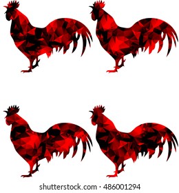 Rooster, triangular geometric polygonal roosters, isolated illustration of cock on white background