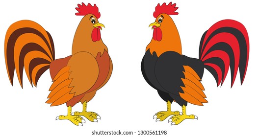 Rooster in a two different colors. Vector Rooster. Rooster isolated on white background