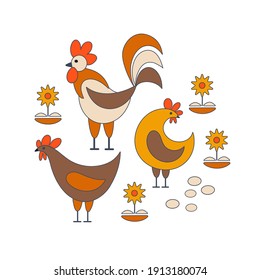 Rooster and two hens, eggs, flowers, drawing on a white background. Flat style, nature, gardening, abstract, hand drawn, clipart,  concept, banner, postcard, vector illustration.
