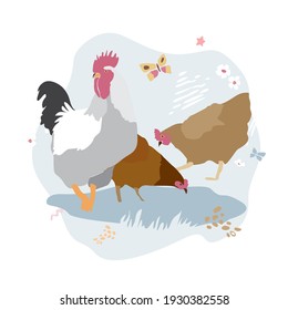 Rooster y dos gallinas sobre el grano de picoteo de pasto aisladas en blanco. Resumen de aves domésticas en una granja en colores pastel. Símbolo de la tranquila vida de pueblo. Plantilla de banner para cría de animales. Ilustración del vector