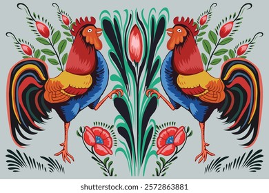 The rooster in urban folk art style vector painting. Rickshaw painting style vector painting. in rickshaw art. Floral design vector illustration. Bangladeshi traditional rickshaw art style vector art.