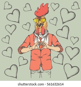 Rooster Valentine day vector concept. Illustration of rooster head on human body. Chicken showing heart shape