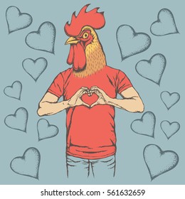 Rooster Valentine Day Vector Concept. Illustration Of Rooster Head On Human Body. Chicken Showing Heart Shape