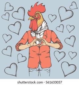 Rooster Valentine day vector concept. Illustration of rooster head on human body. Chicken showing heart shape