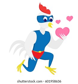 rooster vector. cartoon illustration of super bird with heart. editable layers