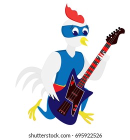 rooster vector. cartoon illustration of super bird with guitar. editable layers