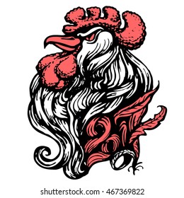 Rooster vector illustration. The brush painted logo of a red rooster or a fiery cock - the symbol of 2017 year by the Chinese calendar.